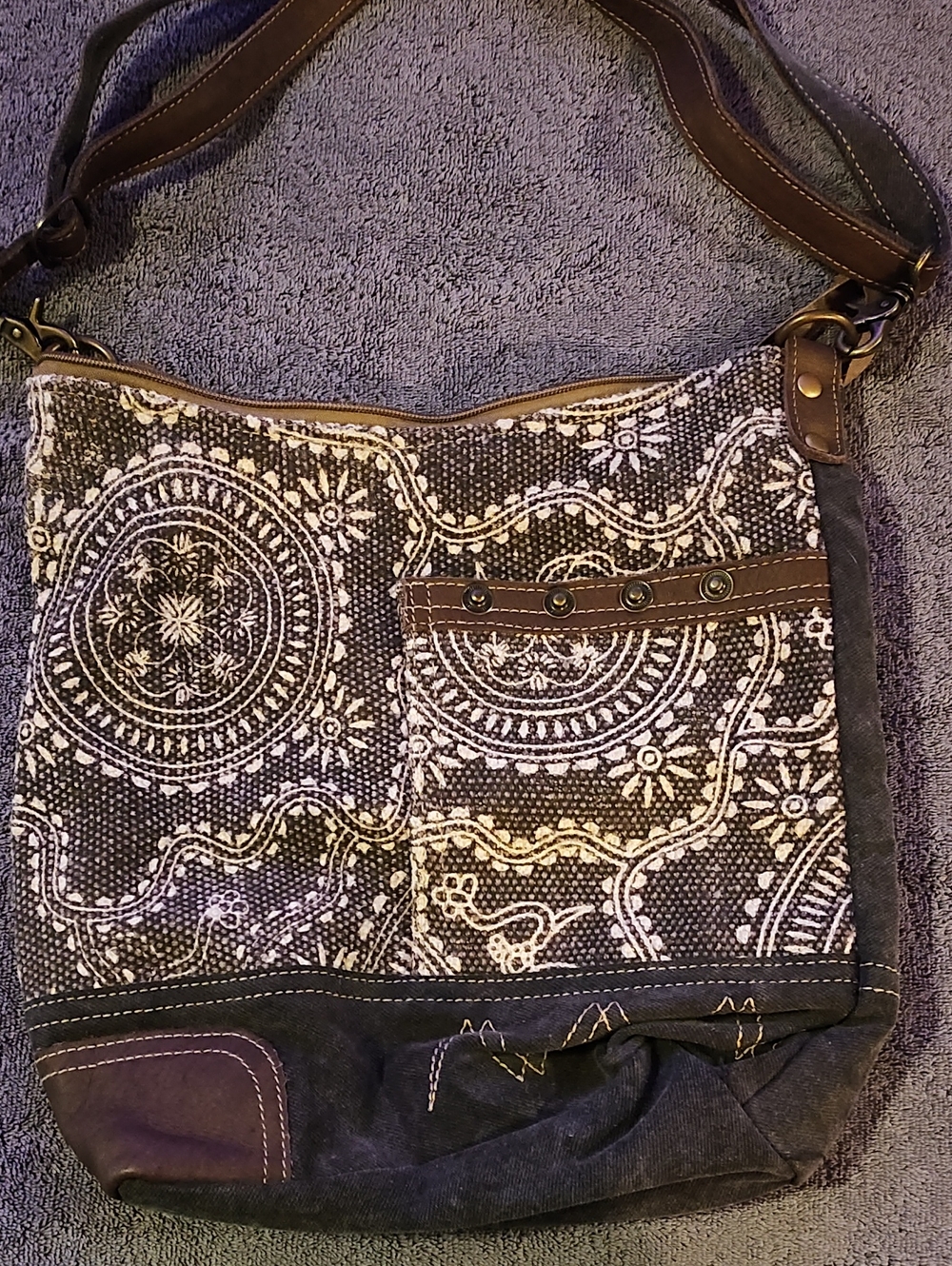 Myra Bag Boho Printed Canvas Shoulder Bag - Brown & Cream